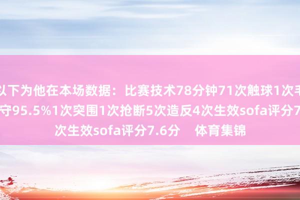 以下为他在本场数据：比赛技术78分钟71次触球1次毛病传球传球生遵守95.5%1次突围1次抢断5次造反4次生效sofa评分7.6分    体育集锦