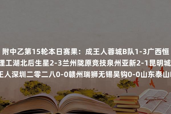 附中乙第15轮本日赛果：成王人蓉城B队1-3广西恒宸上海海港B队0-3北京理工湖北后生星2-3兰州陇原竞技泉州亚新2-1昆明城星江西庐山0-0长春喜王人深圳二零二八0-0赣州瑞狮无锡吴钩0-0山东泰山B队泰安天贶0-1南通海门珂缔缘广州蒲公英3-0广东铭途杭州临平吴越2-0山西崇德荣海广西蓝航0-1贵州筑城竞技温州FC1-1武汉三镇B队    体育集锦