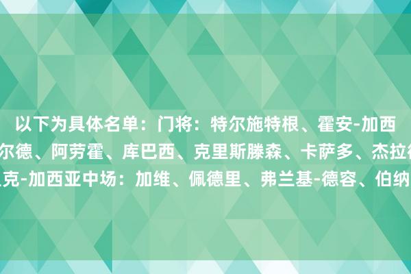 以下为具体名单：门将：特尔施特根、霍安-加西亚、什琴斯尼后卫：巴尔德、阿劳霍、库巴西、克里斯滕森、卡萨多、杰拉德-马丁、孔德、埃里克-加西亚中场：加维、佩德里、弗兰基-德容、伯纳尔时尚：费兰-托雷斯、莱万、亚马尔、拉菲尼亚、拉什福德、费尔明、奥尔莫、巴德吉    体育集锦