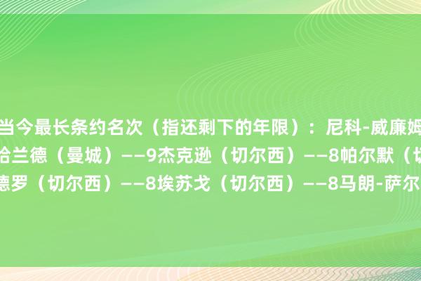 当今最长条约名次（指还剩下的年限）：尼科-威廉姆斯（毕尔巴鄂）——10哈兰德（曼城）——9杰克逊（切尔西）——8帕尔默（切尔西）——8若昂-佩德罗（切尔西）——8埃苏戈（切尔西）——8马朗-萨尔（切尔西）——8派斯（切尔西）——8阿穆古（切尔西）——8维维安（毕尔巴鄂）——7    体育赛事直播