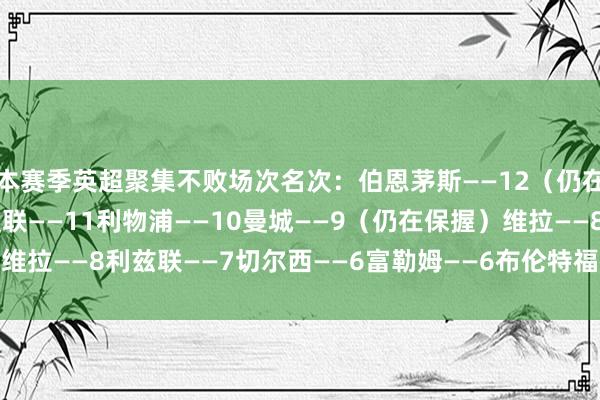 本赛季英超聚集不败场次名次：伯恩茅斯——12（仍在保握）阿森纳——11曼联——11利物浦——10曼城——9（仍在保握）维拉——8利兹联——7切尔西——6富勒姆——6布伦特福德——6    体育集锦